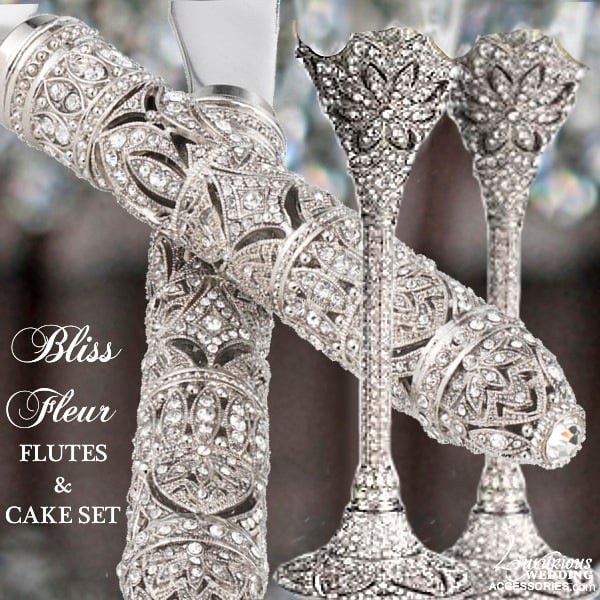 Image of Bliss Fleur Silver Champagne Flutes and Cake Cutting Set 