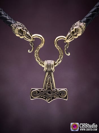 Image of Thor's Hammer : MJOLNIR + Leather necklace with raven heads at the ends ( 6 mm cord).