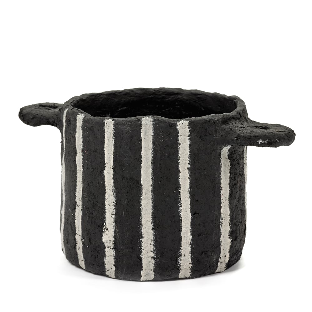 Image of Black papier mache pot with vertical stripes