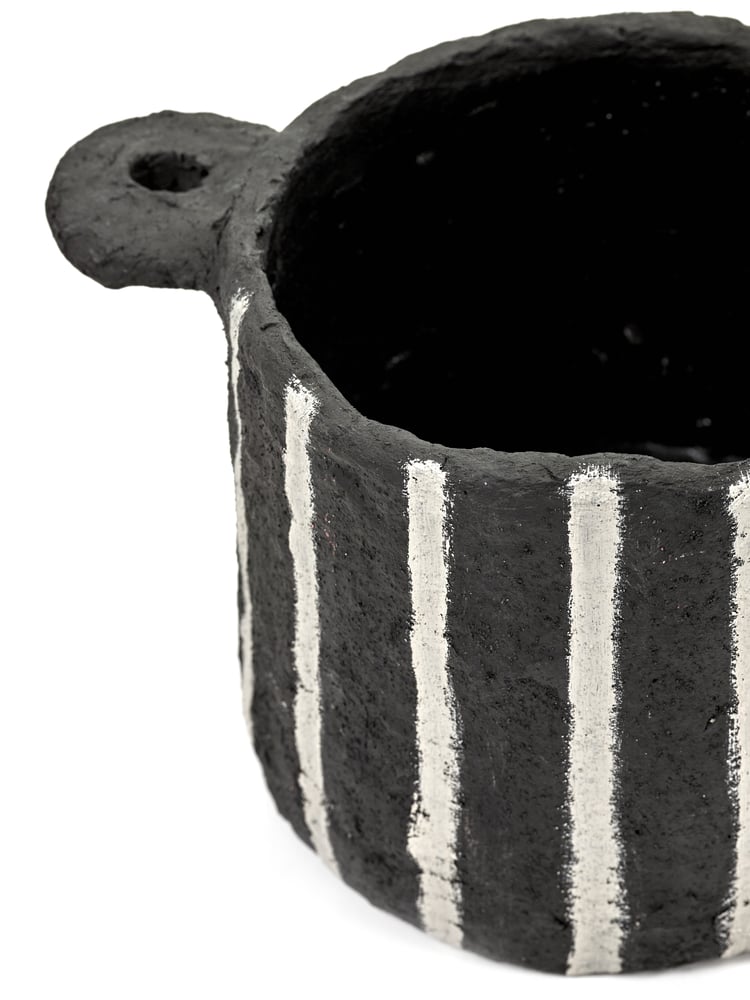 Image of Black papier mache pot with vertical stripes