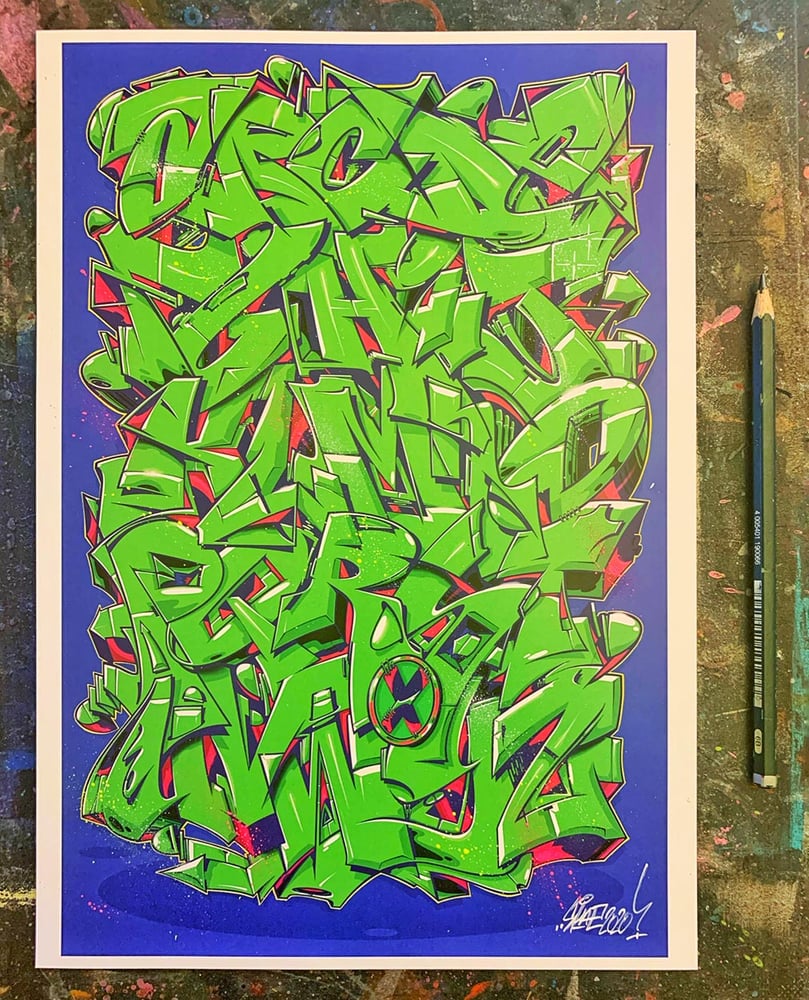 Image of Alphabet "WILDSTYLE 1" - Bright Green A4 hand-finished 