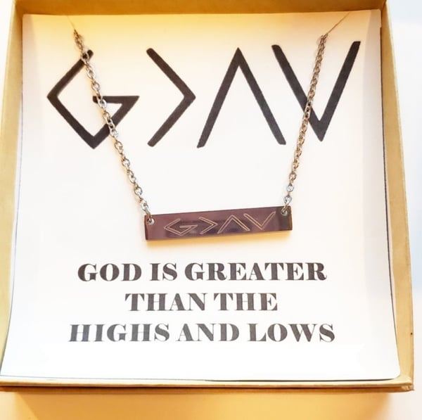 Image of God is greater necklace Bar or Round