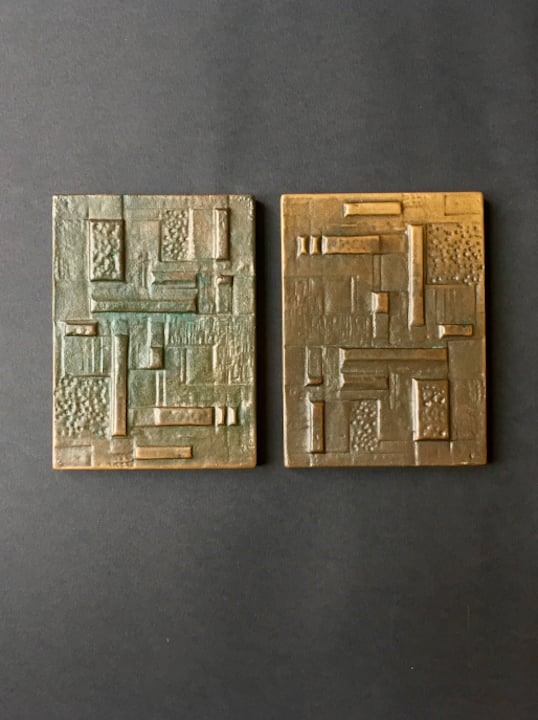 Image of Pair of Cast Bronze Door Handles with Geometric Relief