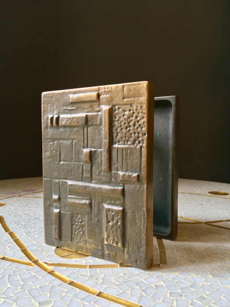 Image of Pair of Cast Bronze Door Handles with Geometric Relief