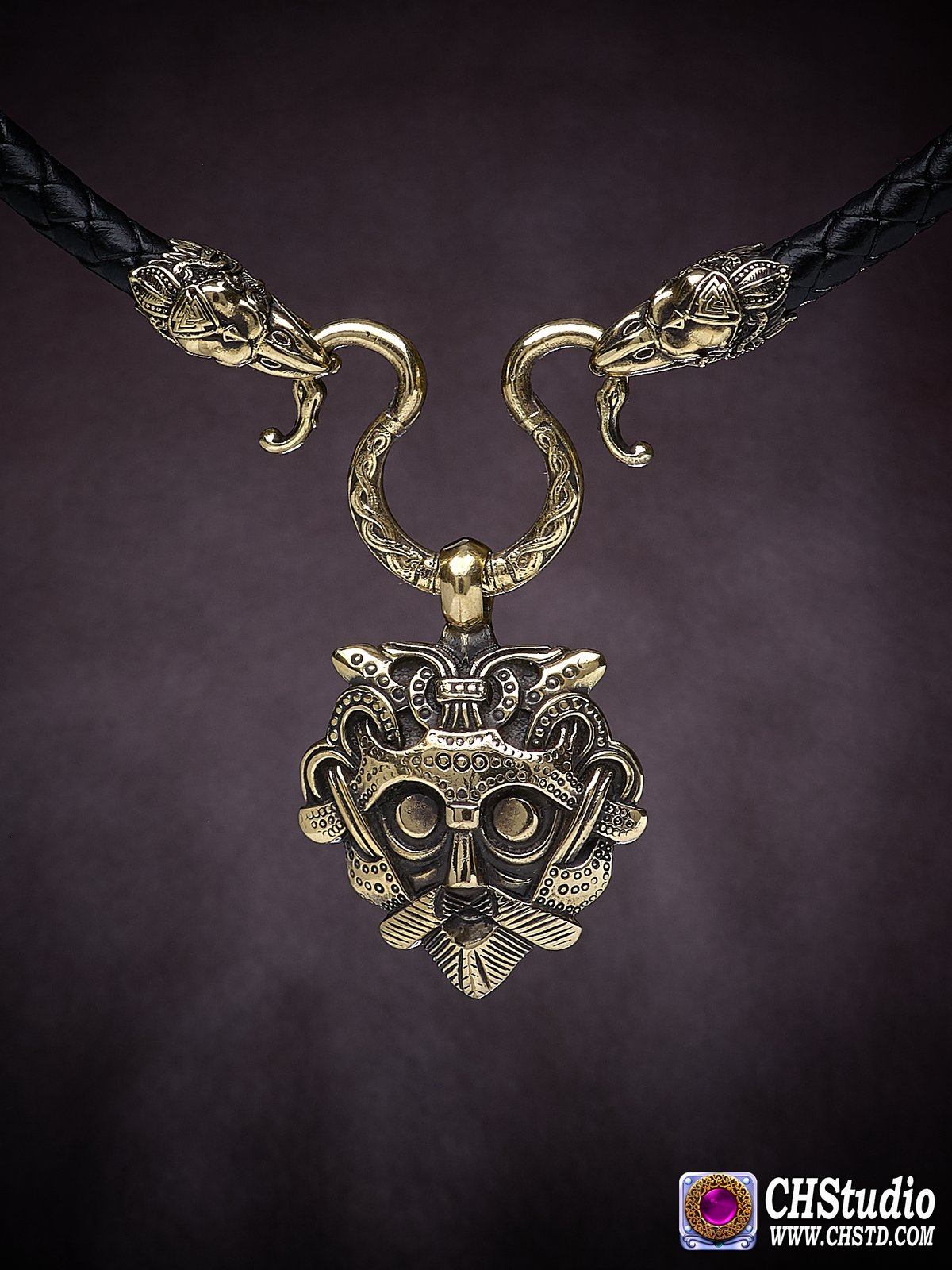 Odin's Mask + Leather necklace with raven heads at the ends ( 6 mm cord).