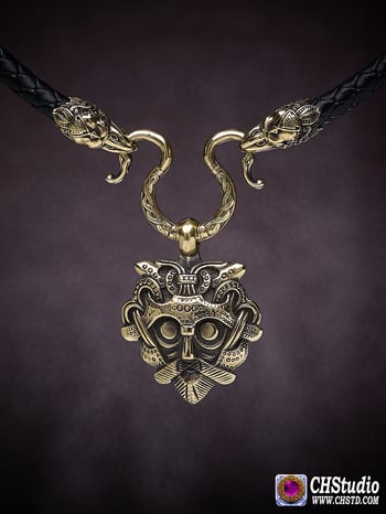 Image of Odin's Mask + Leather necklace with raven heads at the ends ( 6 mm cord).