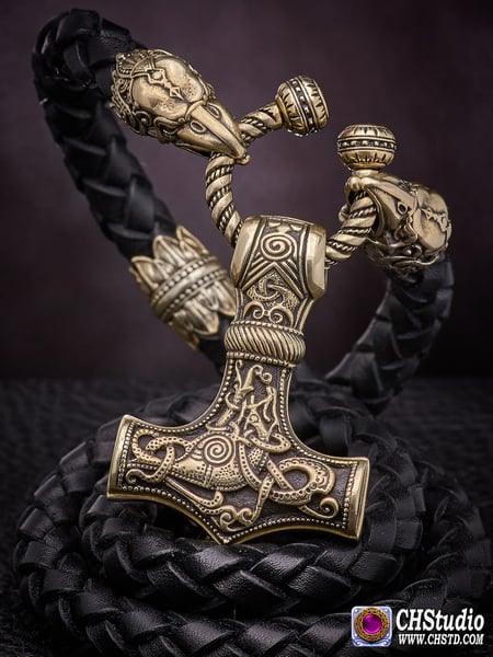 Image of Thor's Hammer : MJOLNIR - Huginn & Muninn Leather Necklace