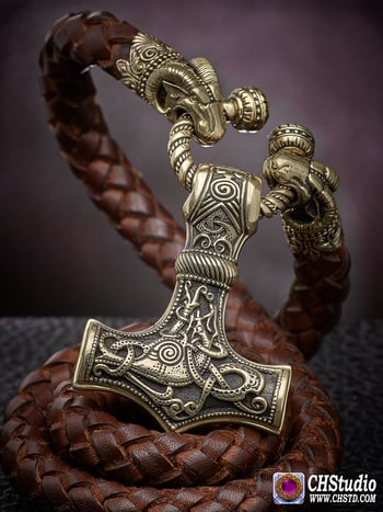 Image of Thor's Hammer : MJOLNIR - Leather Necklace with Rams Ends 