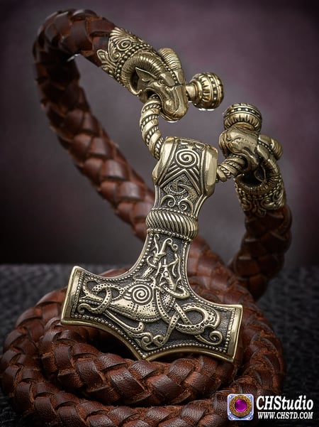 Image of Thor's Hammer : MJOLNIR - Leather Necklace with Rams Ends 