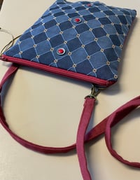 Image 3 of Blue Tapestry With Red Buttons Zippertop Crossbody Strap Bag