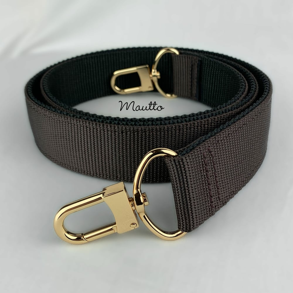 Image of  Wide/Comfy Strap, 2-tone Dark Brown + Black Nylon, 1.5" Wide, Gold or Nickel U-shaped #16XLG Hooks