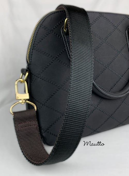 Image of Wide/Comfy Strap, 2-tone Dark Brown + Black Nylon, 1.5" Wide, Gold or Nickel U-shaped #16XLG Hooks