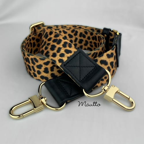 Image of  Leopard Print Strap - Wide (1.5") & Comfy - Black Leather Accents - Gold or Nickel #16XLG Clips