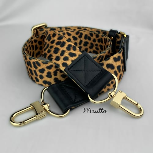 Image of Leopard Print Strap - Wide (1.5") & Comfy - Black Leather Accents - Gold or Nickel #16XLG Clips