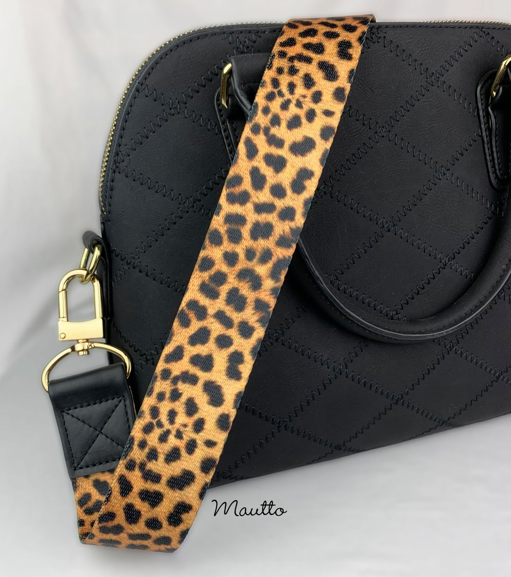 Image of Leopard Print Strap - Wide (1.5") & Comfy - Black Leather Accents - Gold or Nickel #16XLG Clips