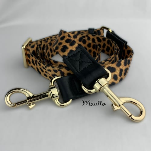 Image of Leopard Print Strap - 1" Wide - Black Leather Accents - Gold, Nickel or Gunmetal #19 Clips