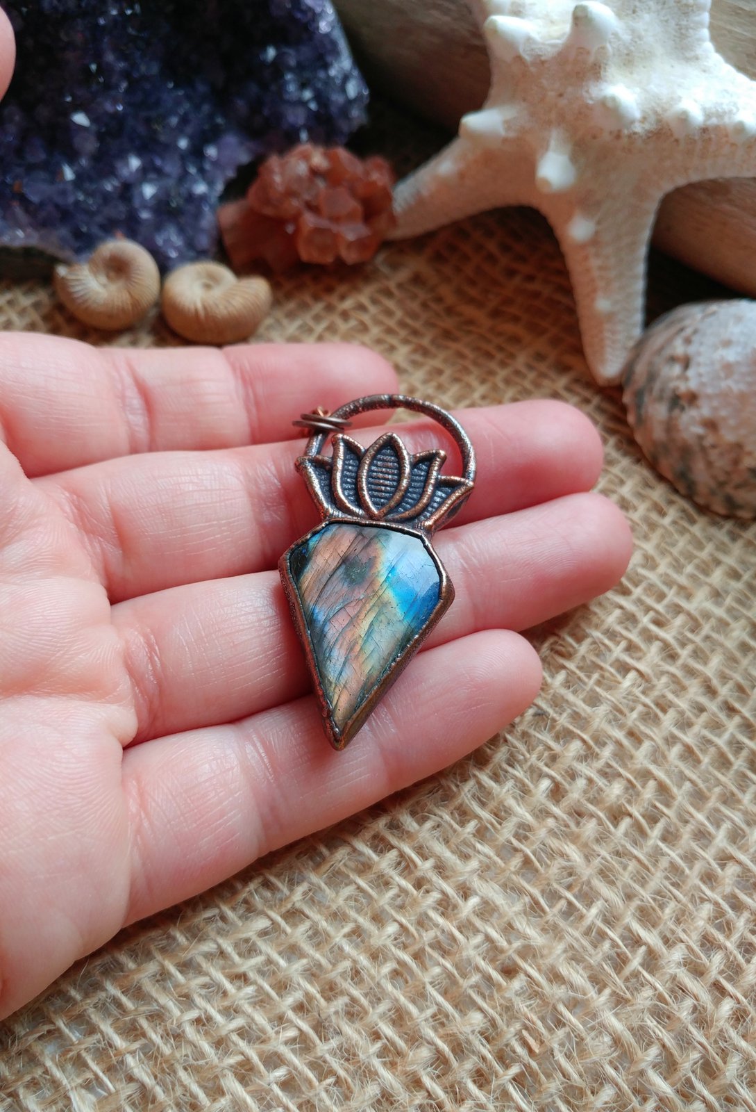 Labradorite pendant, buy wire wrapped pendant, hand crafted pendant, lotus flower pendant