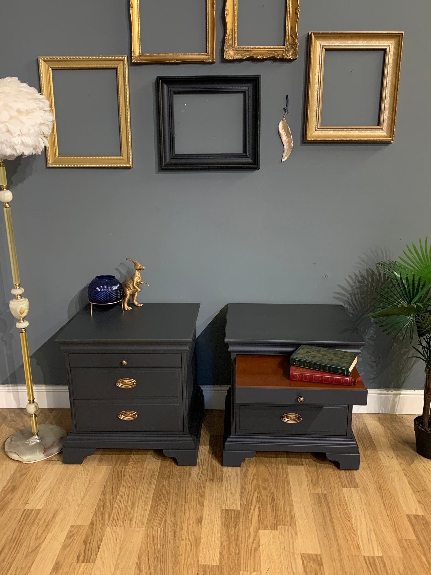 Image of A pair of mahogany Stag bedside tables in dark grey.