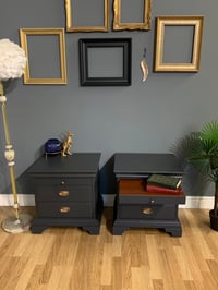 Image 3 of A pair of mahogany Stag bedside tables in dark grey.