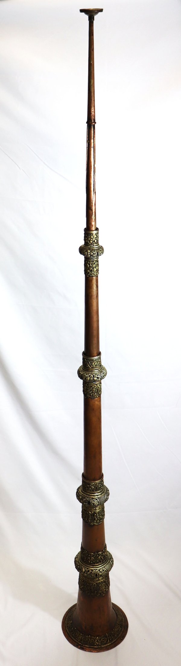 Image of Vintage, Hand-Made Tibetan Ceremonial Brass & Copper Expandable Horn, 69 Inches Tall