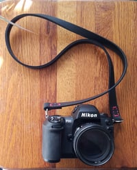 Image 1 of Black leather Camera Strap with Red Thread