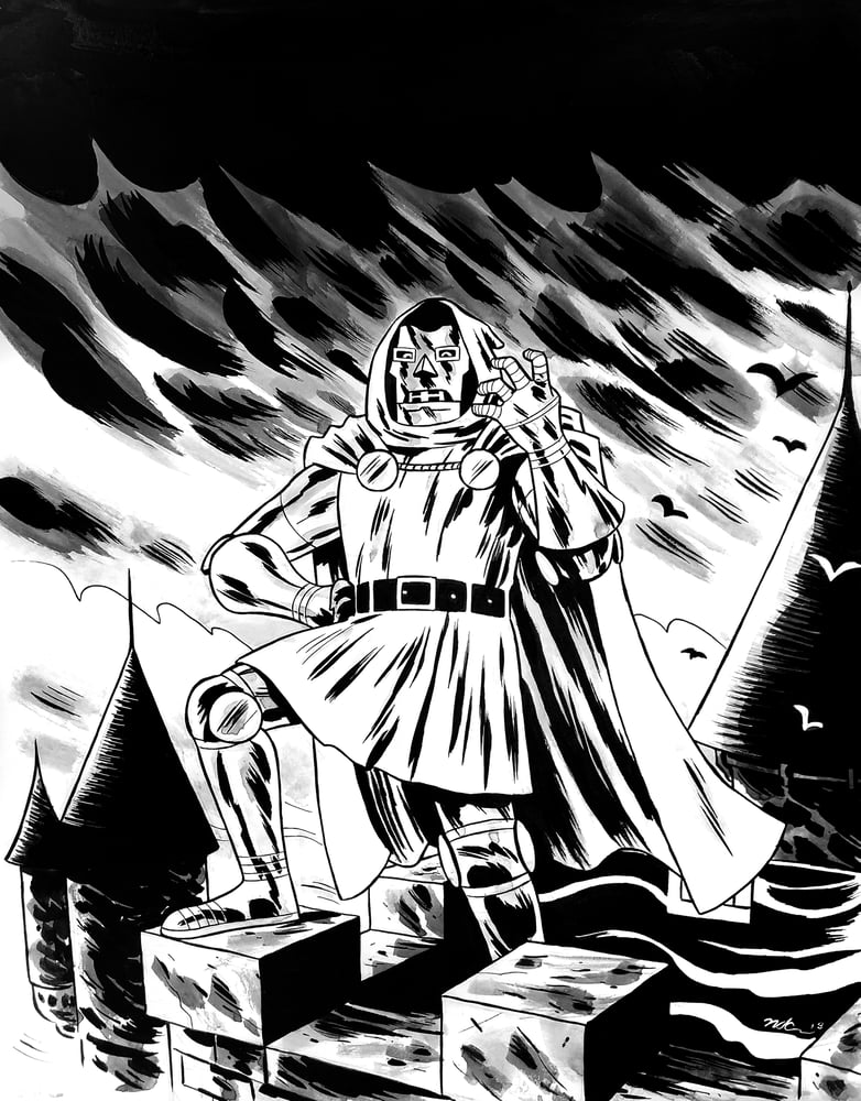 Image of Doctor Doom 11x14 ink drawing 2018
