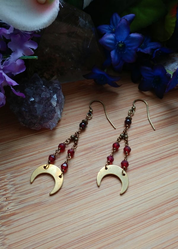 Image of Brass Moon + Garnet Earrings