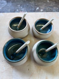 mini pots and spoons light and dark turquoise
