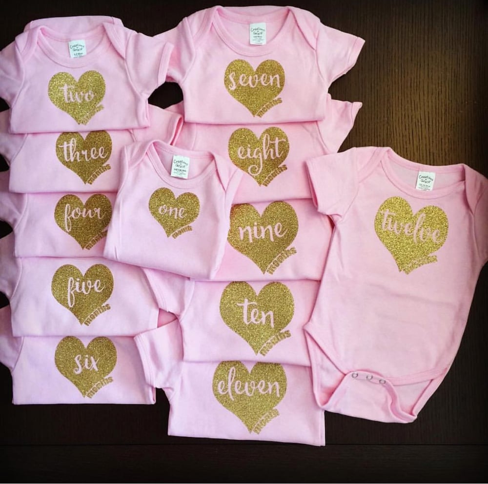 Image of 12 Heart of Gold Monthly Onesies | Baby Shower Gift | Month Celebration | Newborn Gift