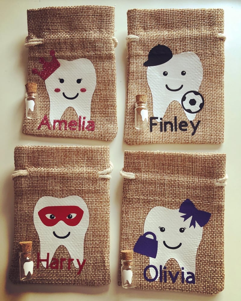 Image of Personalised Tooth Fairy Bags with mini glass bottle