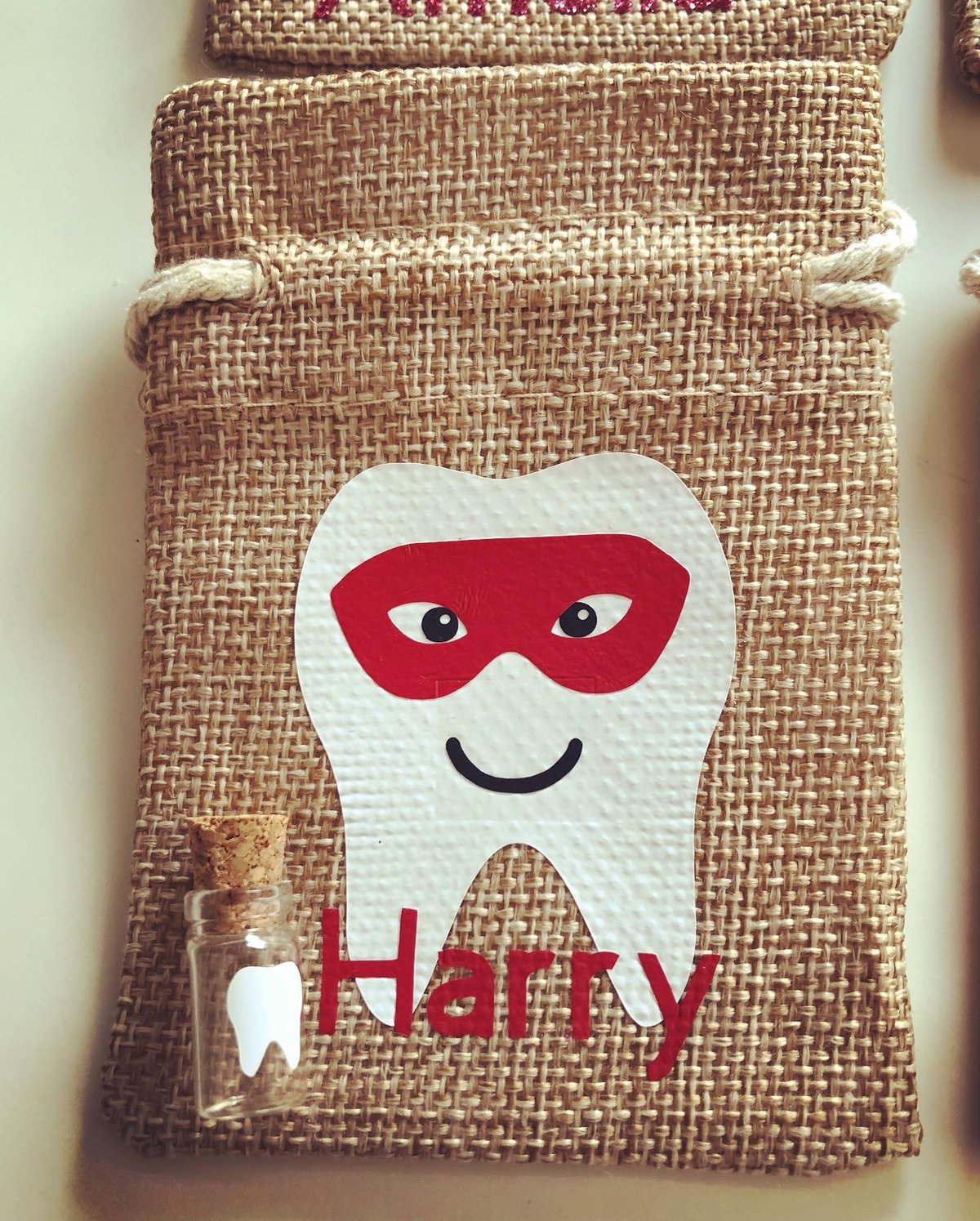 Image of Personalised Tooth Fairy Bags with mini glass bottle