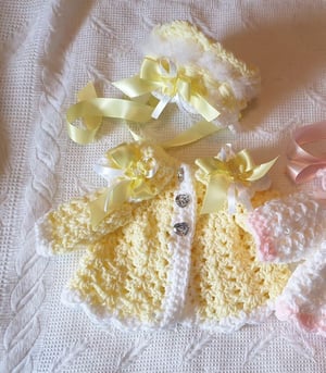 Image of Crochet cardi and bonnet
