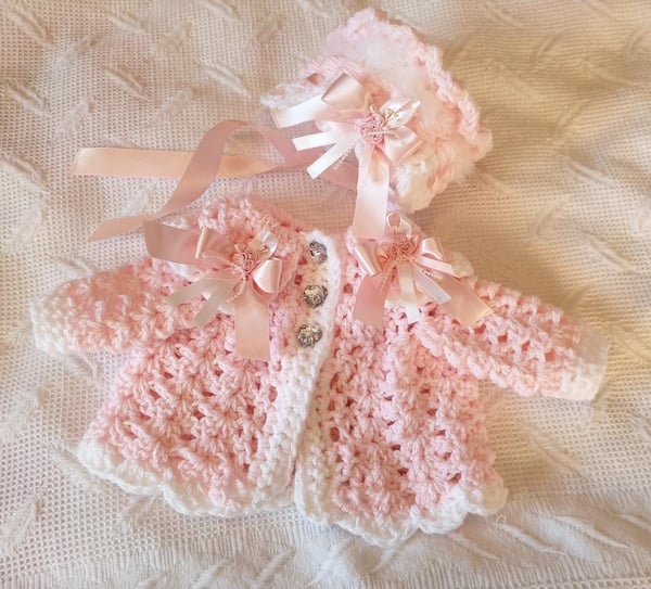 Image of Crochet cardi and bonnet