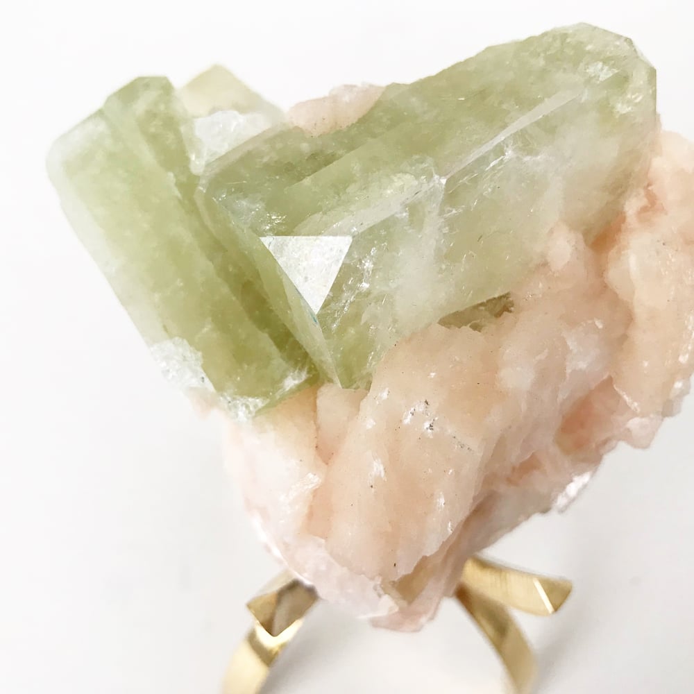 Image of Green Apophyllite/Stilbite no.03 Pink Cactus Collection Brass Claw Pairing