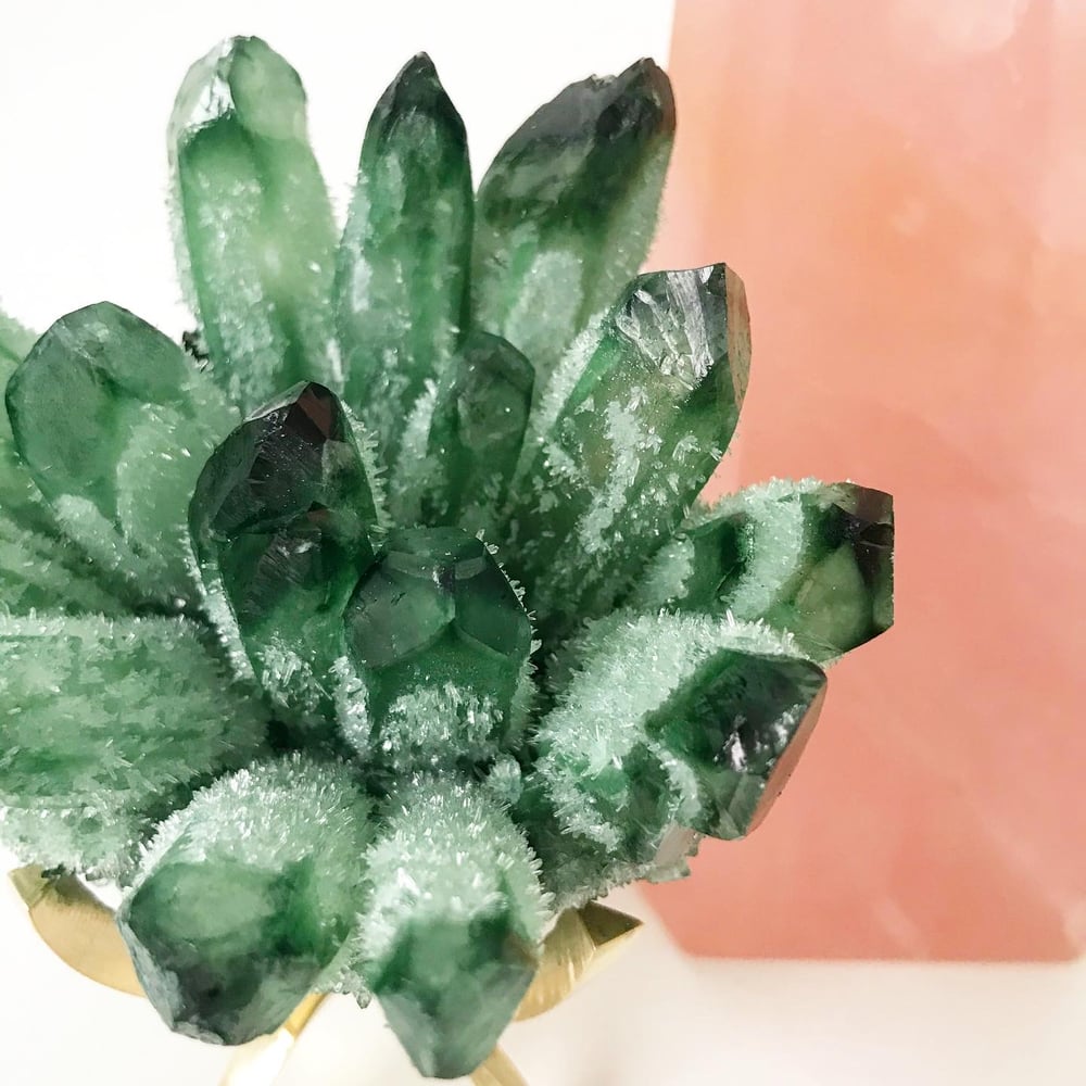 Image of Green Ghost Quartz Crystal Cluster no.01 Blush Cactus Collection Brass Claw Pairing