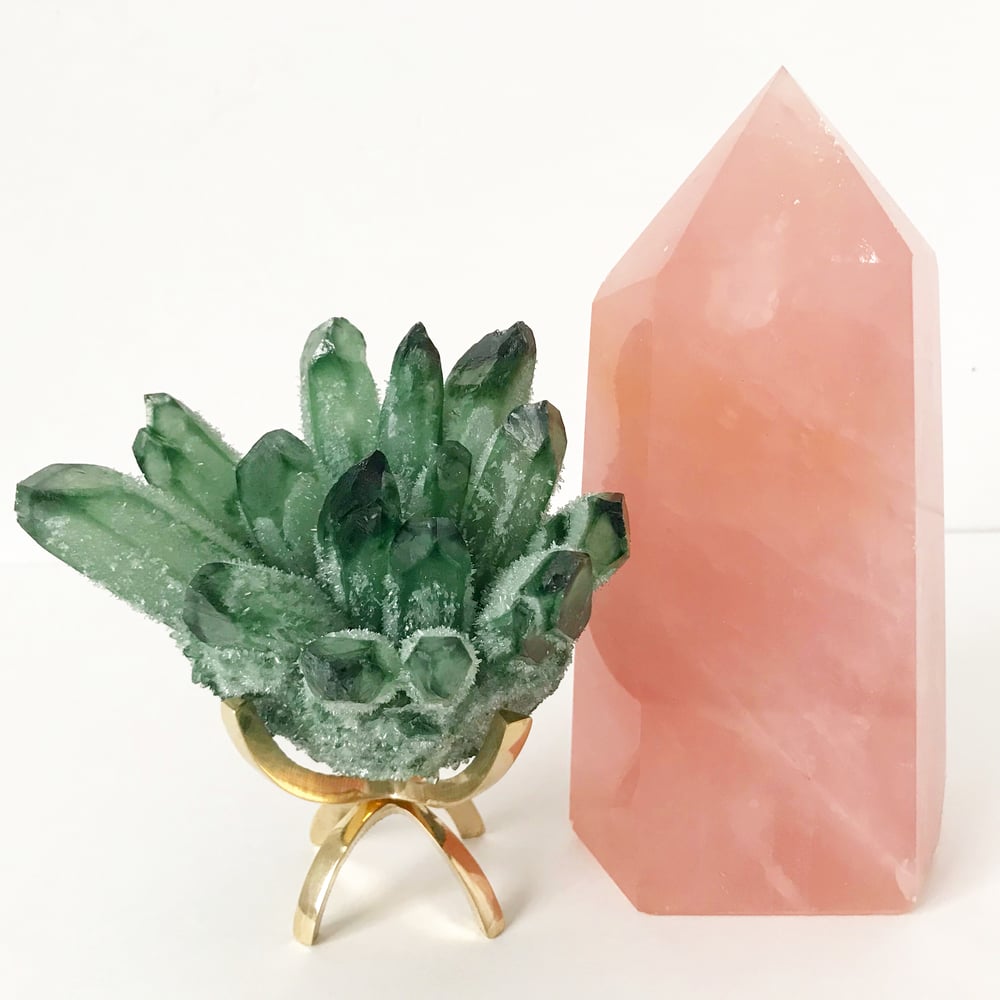 Image of Green Ghost Quartz Crystal Cluster no.01 Blush Cactus Collection Brass Claw Pairing