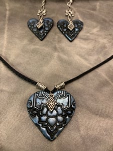Image of Blue polymer clay hearts, necklace and earring set.