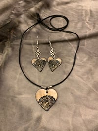 Image 1 of Gold and blue polymer clay hearts necklace and earrings set