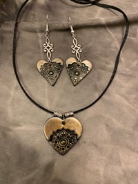 Image 3 of Gold and blue polymer clay hearts necklace and earrings set