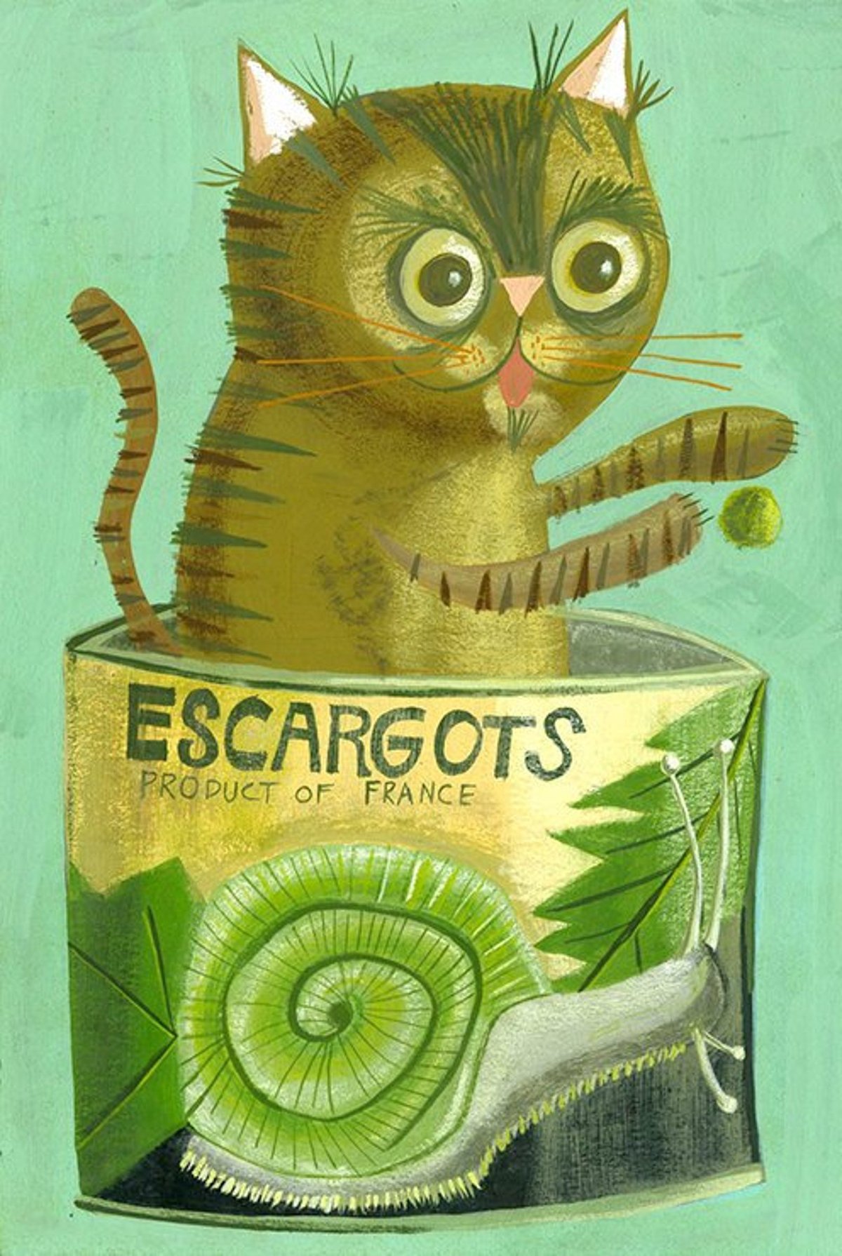 Image of Simon in an escargot cat. Limited edition print.