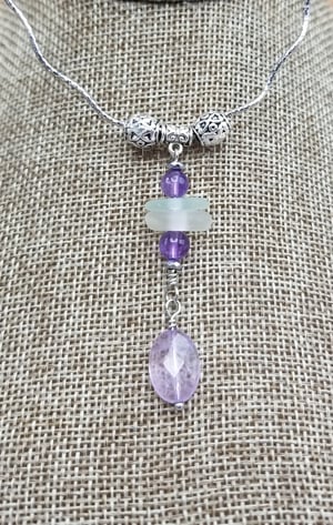 Image of Sea Glass- Amethyst- Bali Beads- Sterling Necklace- #294