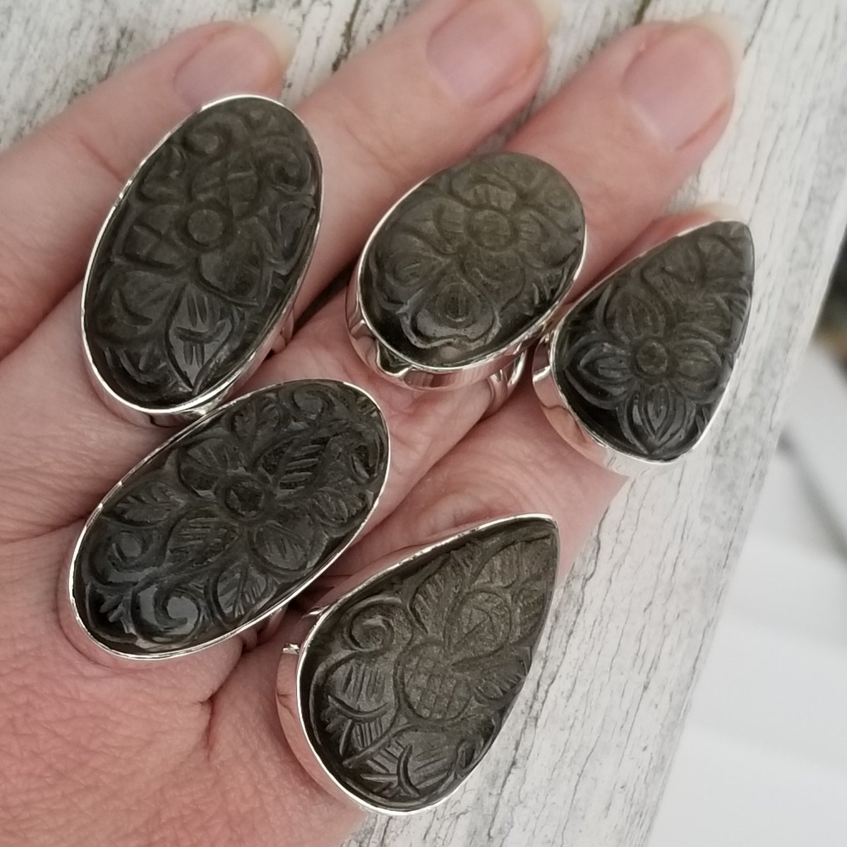 Image of Ella - Golden Sheen Obsidian Ring in Sterling Silver  (Limited Qty - Each Carving is Unique)