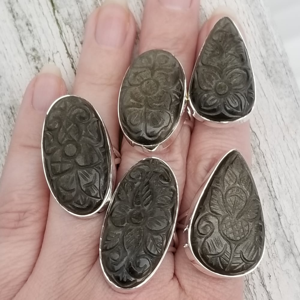 Image of Ella - Golden Sheen Obsidian Ring in Sterling Silver  (Limited Qty - Each Carving is Unique)