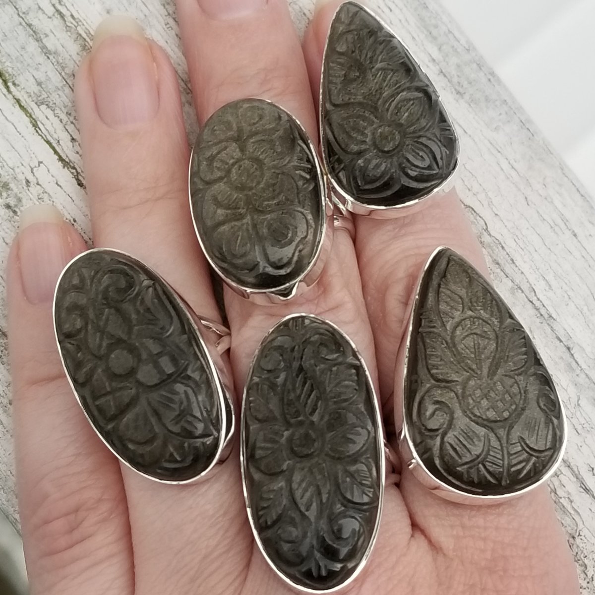 Image of Ella - Golden Sheen Obsidian Ring in Sterling Silver  (Limited Qty - Each Carving is Unique)