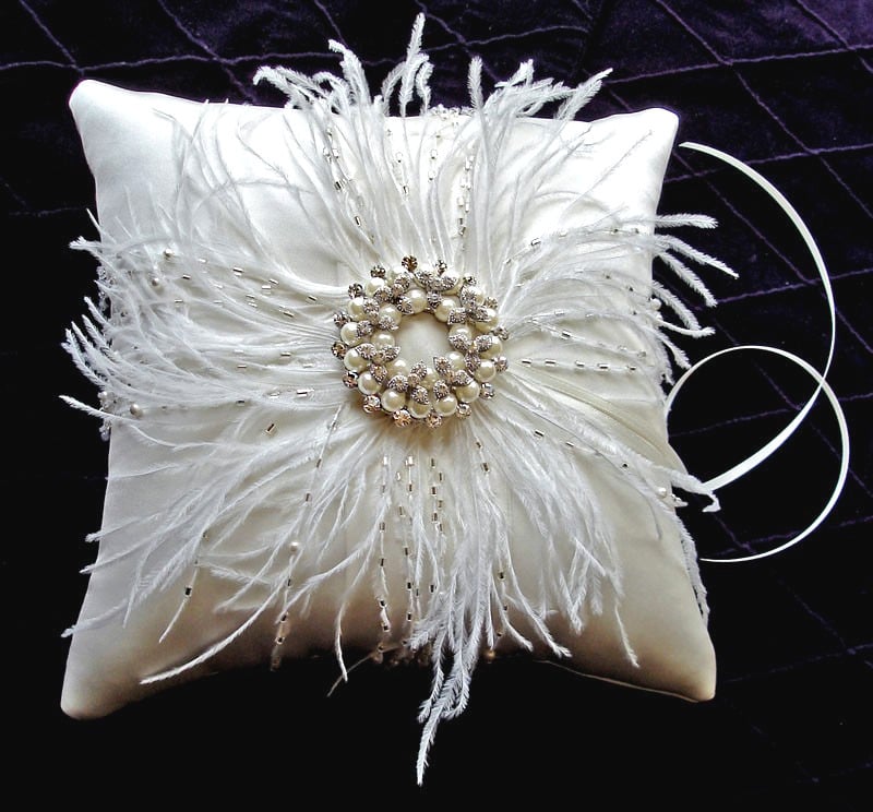 Image of Grace Beaded Feather Silk Ring Bearer Pillow