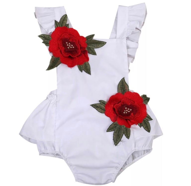 white romper with red flowers