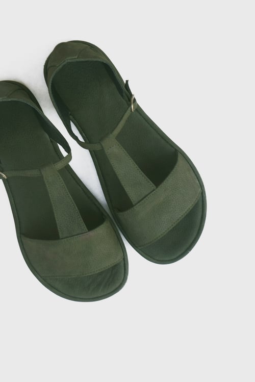 Image of T-strap Sandals in Olive Nubuck
