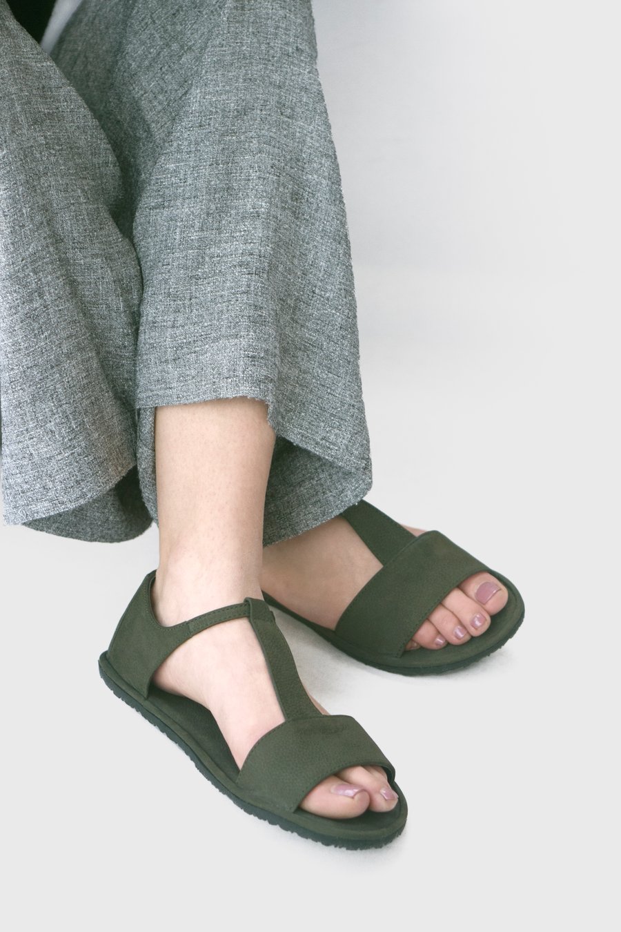Image of T-strap Sandals in Olive Nubuck