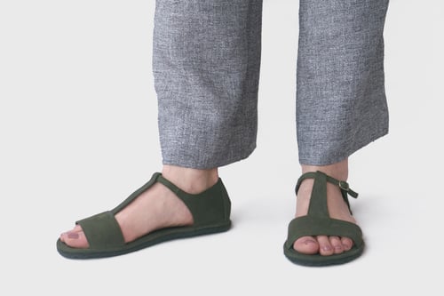 Image of T-strap Sandals in Olive Nubuck