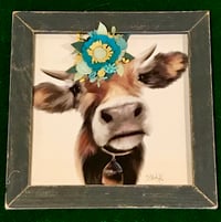 Image 1 of Small Bull with Teal and Mustard Felt Flowers in a Tobacco Lath Frame